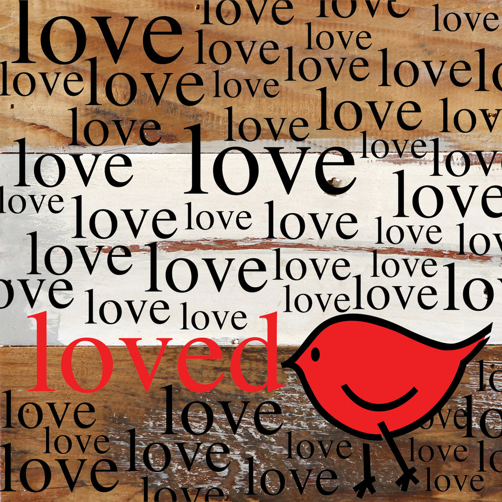 loved, love (bird graphic) / 14"x14" Reclaimed Wood Sign