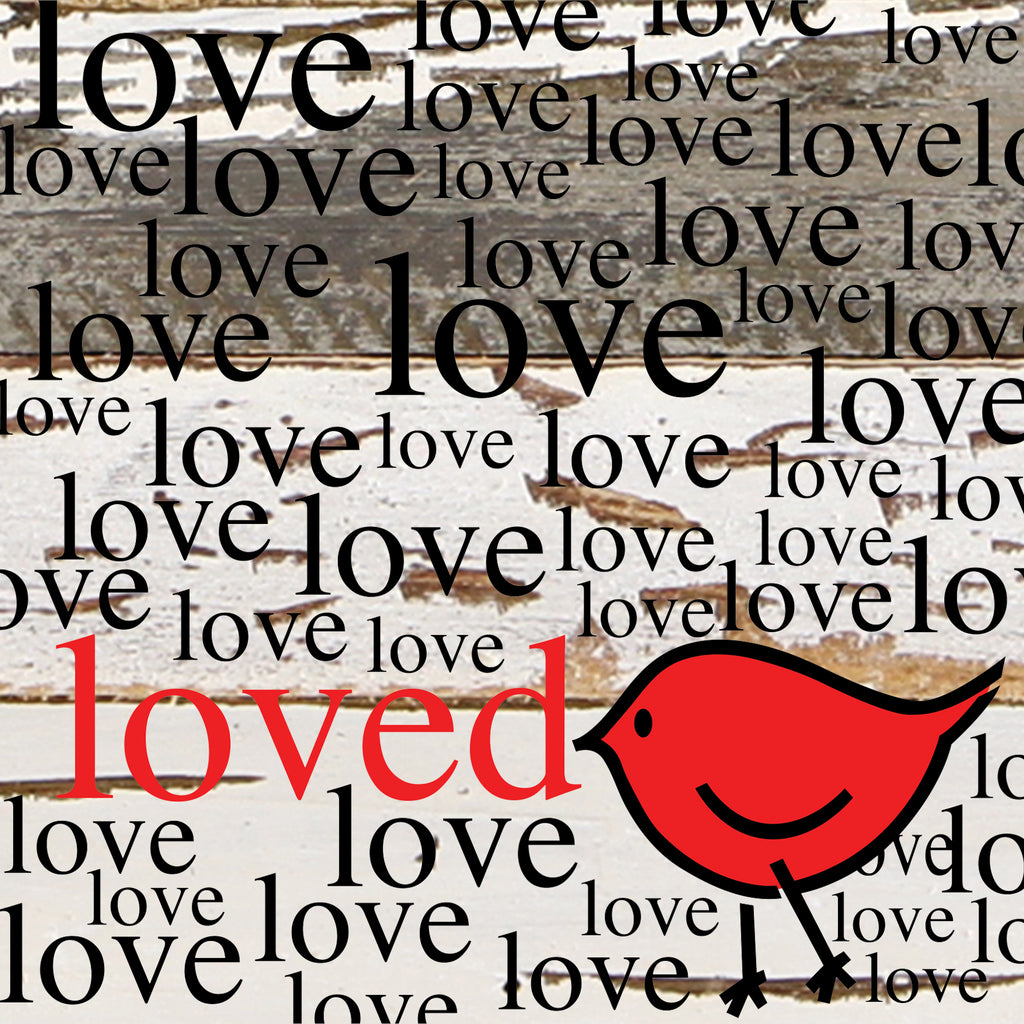 loved, love (bird graphic) / 14"x14" Reclaimed Wood Sign