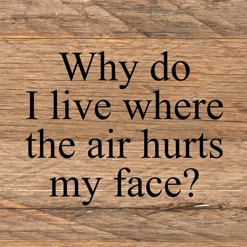 Why do I live where the air hurts my face? / 6"x6" Reclaimed Wood Sign